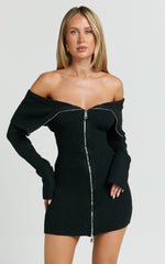 Madeline Mini Dress - Folded Off Shoulder Double Zip Hardware Front Knit Dress in Black