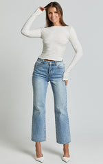 Madeline Top - Long Sleeve Textured Boat Neck Top in Cream