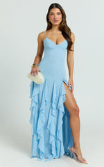 Maeve Maxi Dress - V Neck Ruffle Tier Slip Dress in Blue