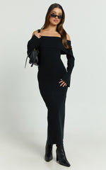 Maisie Midi Dress - Off Shoulder Long Sleeve Fitted Column Knit Dress in Black