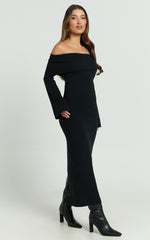 Maisie Midi Dress - Off Shoulder Long Sleeve Fitted Column Knit Dress in Black