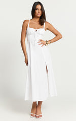 Maiya Midi Dress - Tie Front Fitted Bodice Dress in White