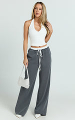 Maliha Pants - Mid Rise Contrast Elasticated Drawstring Wide Leg Tailored Pants in Charcoal