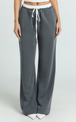 Maliha Pants - Mid Rise Contrast Elasticated Drawstring Wide Leg Tailored Pants in Charcoal