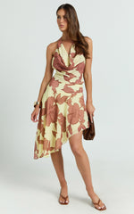 Malik Midi Skirt - Georgette Ruched Waist Asymmetric Skirt in Lemon Bouquet Di Fiori Print