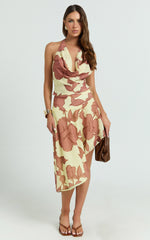 Malik Midi Skirt - Georgette Ruched Waist Asymmetric Skirt in Lemon Bouquet Di Fiori Print