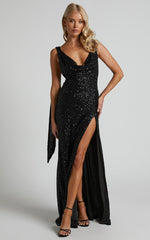 Malisha Maxi Dress - Sequin Cowl Neck Backless Dress in Black