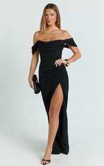 Marcel Maxi Dress - Off Shoulder Corset High Split Dress in Black