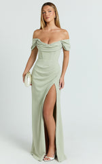 Marcel Maxi Dress - Off Shoulder Corset High Split Dress in Sage