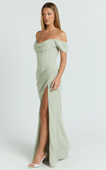 Marcel Maxi Dress - Off Shoulder Corset High Split Dress in Sage