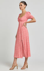 Marcel Midi Dress - Sweetheart Puff Sleeve Thigh Split Dress in Coral