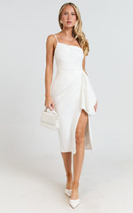 Marcelita Midi Dress - One Shoulder Drape Detail Faux Wrap Dress in White