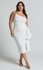 Marcelita Midi Dress - One Shoulder Drape Detail Faux Wrap Dress in White