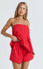 Mardie Two Piece Set - Pin Tuck Strapless Top and Short Set in Red