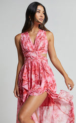 Marga Maxi Dress - Plunge Ruffle Detail Cut Out Dress in Petal Paradise