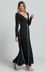 Margie Midi Dress - Long Sleeve Contrast Bind Ribbed Dress in Black