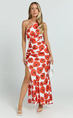 Maria Midi Dress - One Shoulder High Slip Leg in Red Floral