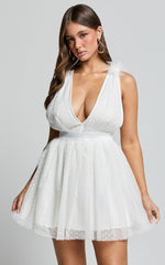 Mariabella Mini Dress - Tulle Plunge Dress in White