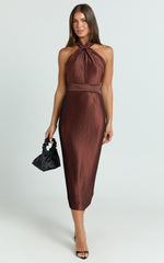 Marlette Midi Dress - Pleated Open Back Halter Dress in Chocolate