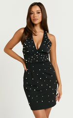 Marya Mini Dress - Pearl Detail Plunge Neck Dress in Black
