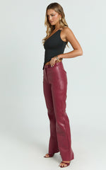 Marzia Pants - Faux Leather Mid Waisted Straight Leg Pants in Wine