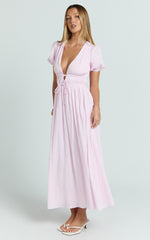 Matteo Midi Dress - Deep V Neck Puff Sleeve Dress in Pink