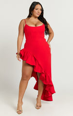 Maura Maxi Dress - Scoop Neckline Ruffle High Low Dress in Red