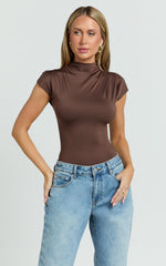 Melanie Bodysuit - Cap Sleeve High Neck Bodysuit in Chocolate