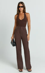 Melissa Pants - Pleat Front Wide Leg Tailored Pants in Chocolate
