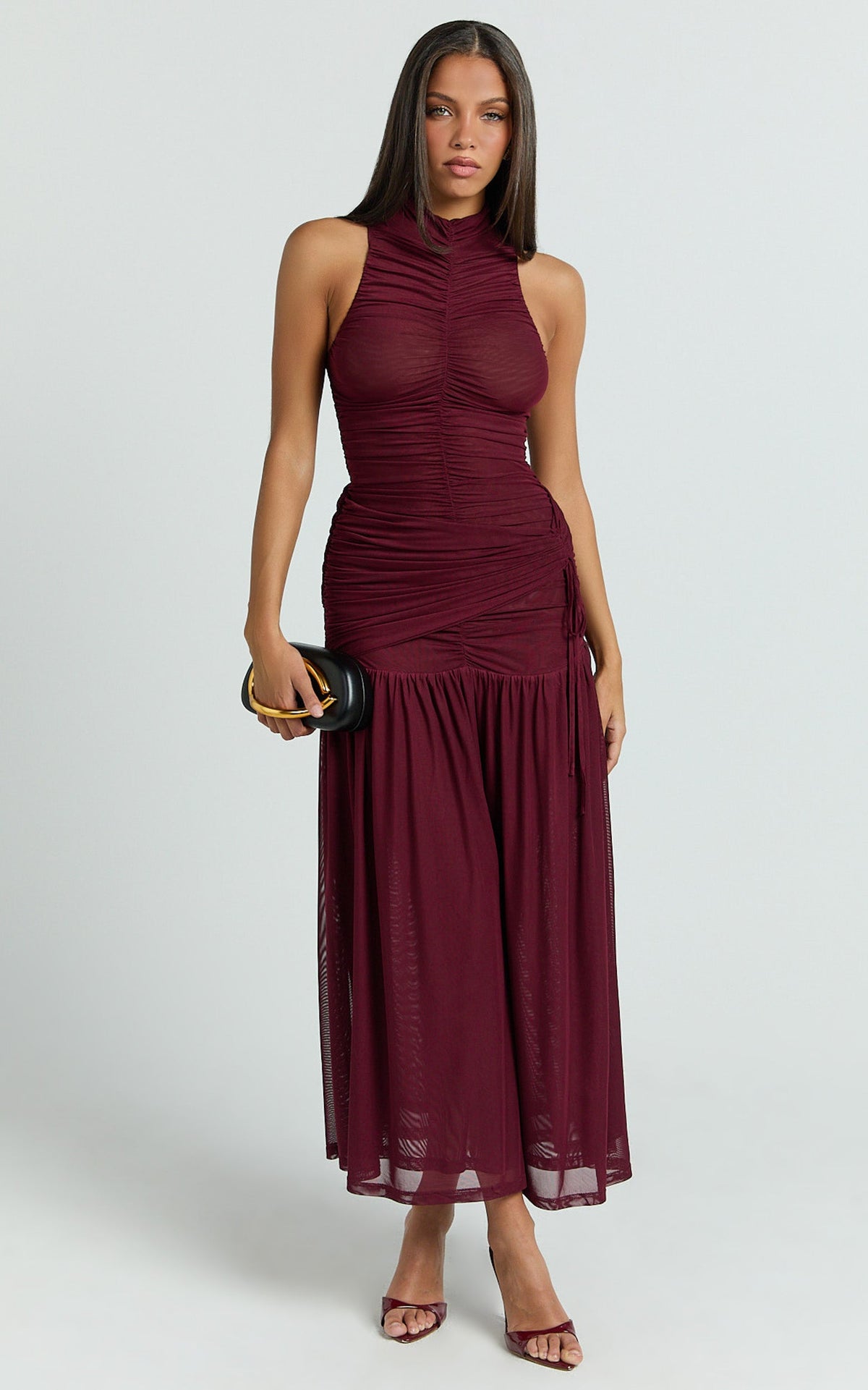 Metzie Maxi Dress - High Neck Gathered Mesh Dress in Burgundy