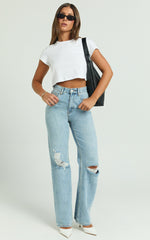 Miho Jeans - High Waisted Recycled Cotton Distressed Straight Leg Denim Jeans in Mid Blue Wash