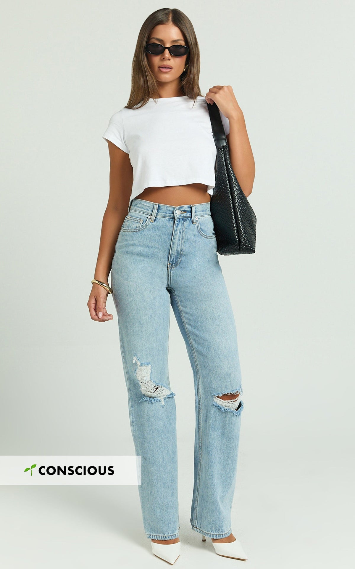 Miho Jeans - High Waisted Recycled Cotton Distressed Straight Leg Denim Jeans in Mid Blue Wash