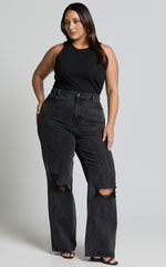 Miho Jeans - High Waisted Recycled Cotton Distressed Straight Leg Denim Jeans in Washed Black