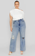 Miho Jeans - High Waisted Recycled Cotton Distressed Straight Leg Denim Jeans in Mid Blue Wash