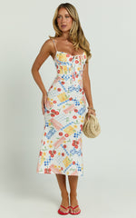 Mikayla Midi Dress - Linen Scoop Neck Ruched Bust Corset Waist Bias Skirt Dress in Pomodoro Paradise Print