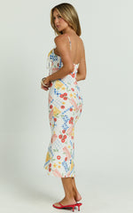 Mikayla Midi Dress - Linen Scoop Neck Ruched Bust Corset Waist Bias Skirt Dress in Pomodoro Paradise Print