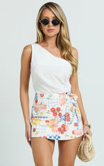 Mikayla Mini Linen Blend Skirt - Fitted Wrap Tie Front Skirt in Pomodoro Paradise Print