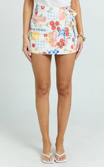 Mikayla Mini Linen Blend Skirt - Fitted Wrap Tie Front Skirt in Pomodoro Paradise Print