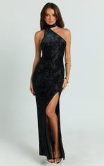 Milano Maxi Dress - One Shoulder Scarf Tie Neck Bodycon Dress in Black