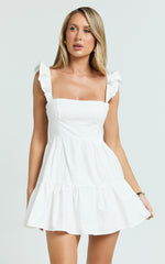 Miles Mini Dress - Ruffle Sleeve Tiered Dress in White