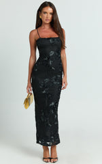 Mina Midi Dress - Embroidered Mesh Dress in Black