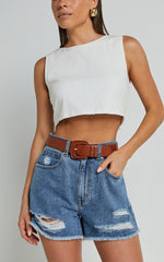 Mindae Shorts - Recycled Cotton Ripped Denim Shorts in Blue