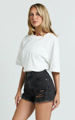 Mindae Shorts - Recycled Cotton Ripped Denim Shorts in Washed Black