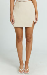Mindy Mini Skirt - Linen Look A Line Side Split Skirt in Oatmeal