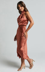 Minnie Midi Dress - Drape Neck Satin Slip Dress in Copper