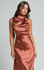 Minnie Midi Dress - Drape Neck Satin Slip Dress in Copper