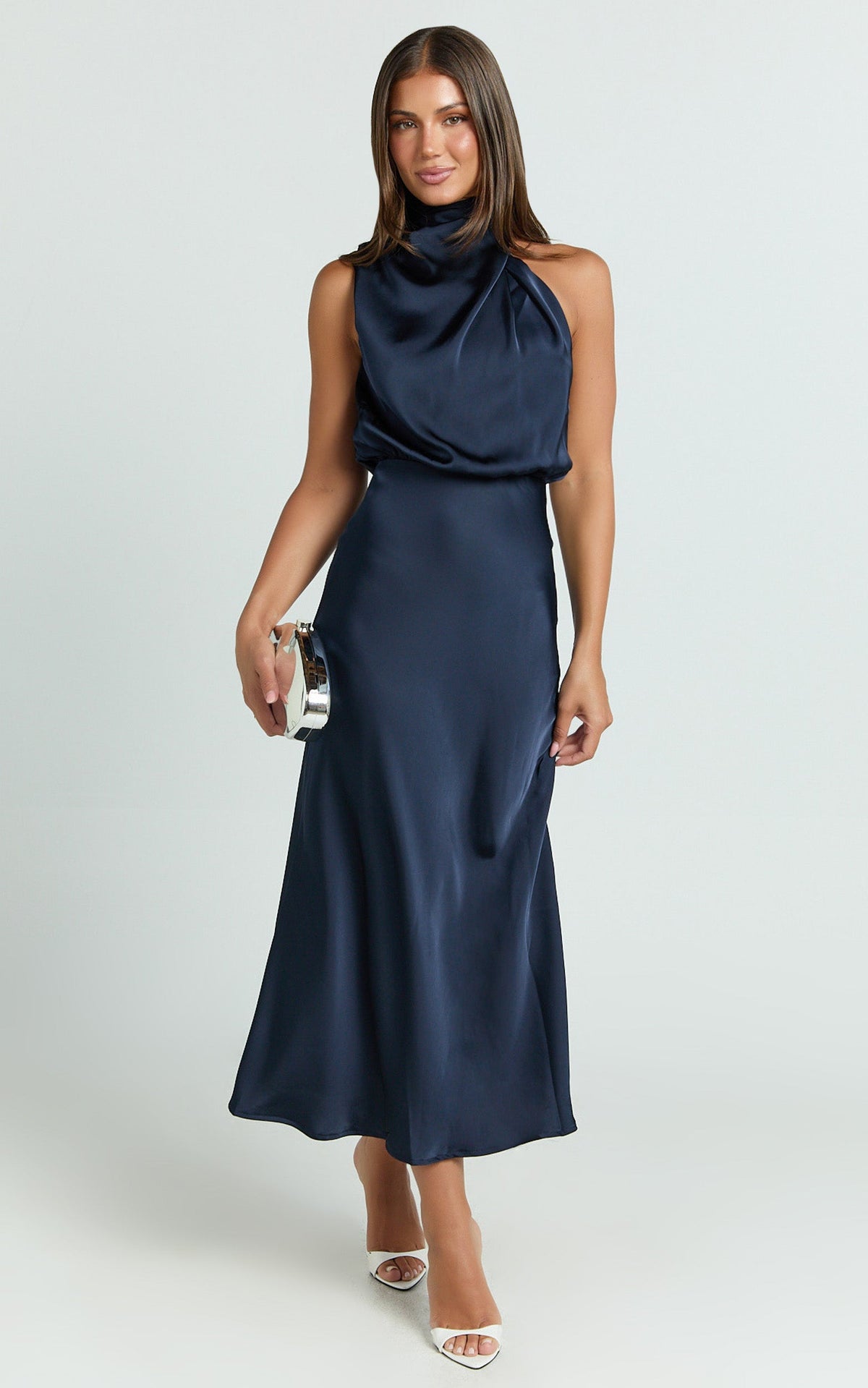 Minnie Midi Dress - Drape Neck Satin Slip Dress in Midnight Blue