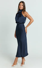 Minnie Midi Dress - Drape Neck Satin Slip Dress in Midnight Blue