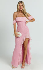 Mirabella Maxi Dress - Off Shoulder Asymmetrical Ruffle Split Dress in Blush