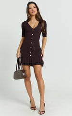 Mischa Mini Dress - Collared Short Sleeve Fit And Flare Knitted Dress in Dark Chocolate